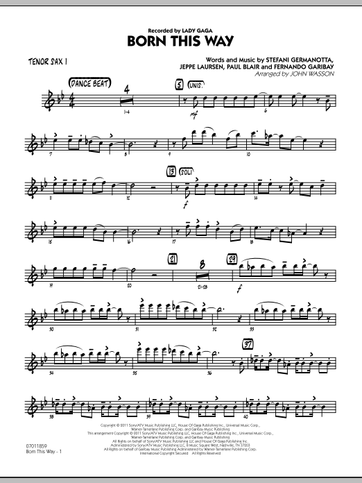 John Wasson Born This Way - Tenor Sax 1 sheet music preview music notes and score for Jazz Ensemble including 2 page(s)