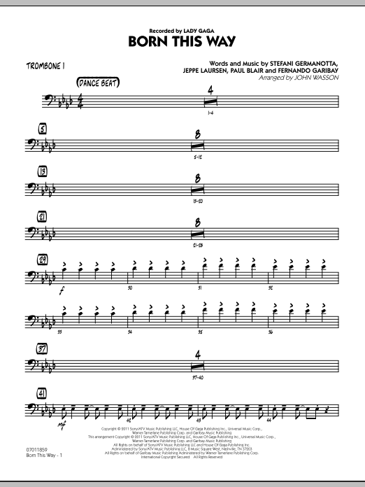 John Wasson Born This Way - Trombone 1 sheet music preview music notes and score for Jazz Ensemble including 2 page(s)