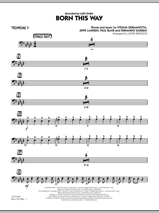 John Wasson Born This Way - Trombone 3 sheet music preview music notes and score for Jazz Ensemble including 2 page(s)