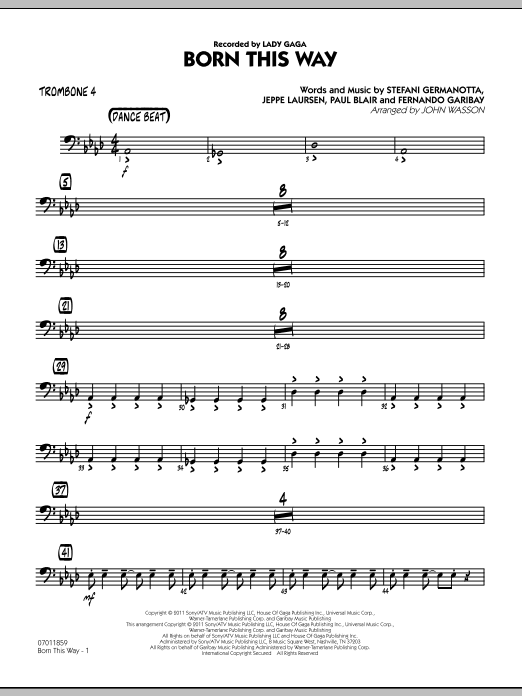 John Wasson Born This Way - Trombone 4 sheet music preview music notes and score for Jazz Ensemble including 2 page(s)