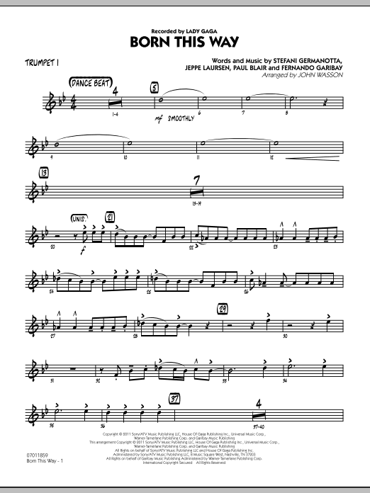 Learn to play John Wasson Born This Way - Trumpet 1 sheet music for Jazz Ensemble in minutes. John Wasson Born This Way - Trumpet 1 sheet music preview music notes and score for Jazz Ensemble including 2 page(s)