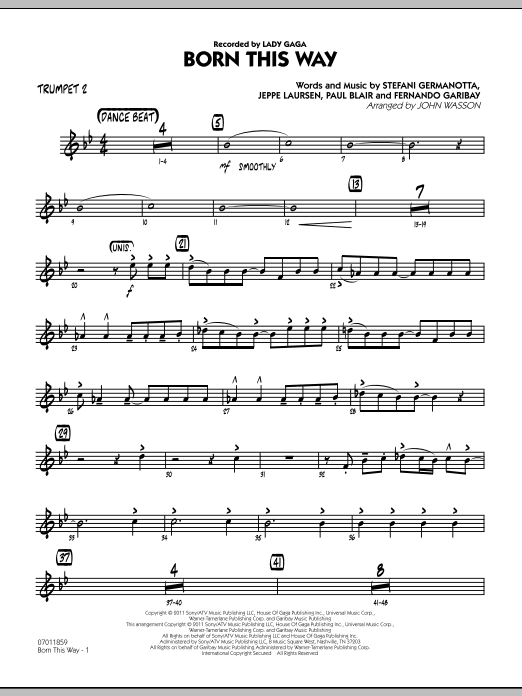 Learn to play John Wasson Born This Way - Trumpet 2 sheet music for Jazz Ensemble in minutes. John Wasson Born This Way - Trumpet 2 sheet music preview music notes and score for Jazz Ensemble including 2 page(s)
