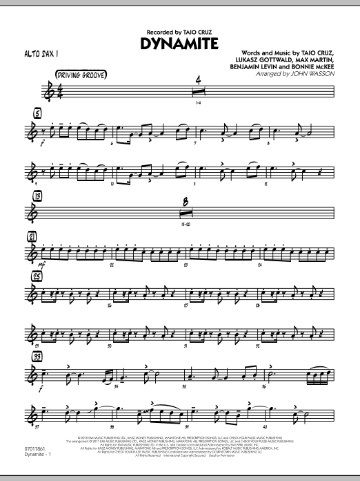 Learn to play John Wasson Dynamite - Alto Sax 1 sheet music for Jazz Ensemble in minutes. John Wasson Dynamite - Alto Sax 1 sheet music preview music notes and score for Jazz Ensemble including 2 page(s)