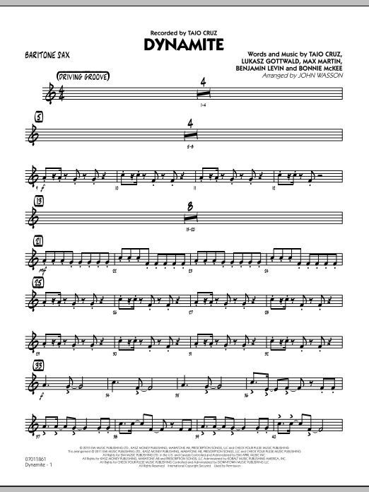 Learn to play John Wasson Dynamite - Baritone Sax sheet music for Jazz Ensemble in minutes. John Wasson Dynamite - Baritone Sax sheet music preview music notes and score for Jazz Ensemble including 2 page(s)