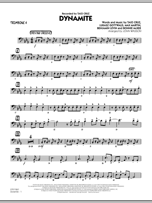 Learn to play John Wasson Dynamite - Trombone 4 sheet music for Jazz Ensemble in minutes. John Wasson Dynamite - Trombone 4 sheet music preview music notes and score for Jazz Ensemble including 2 page(s)