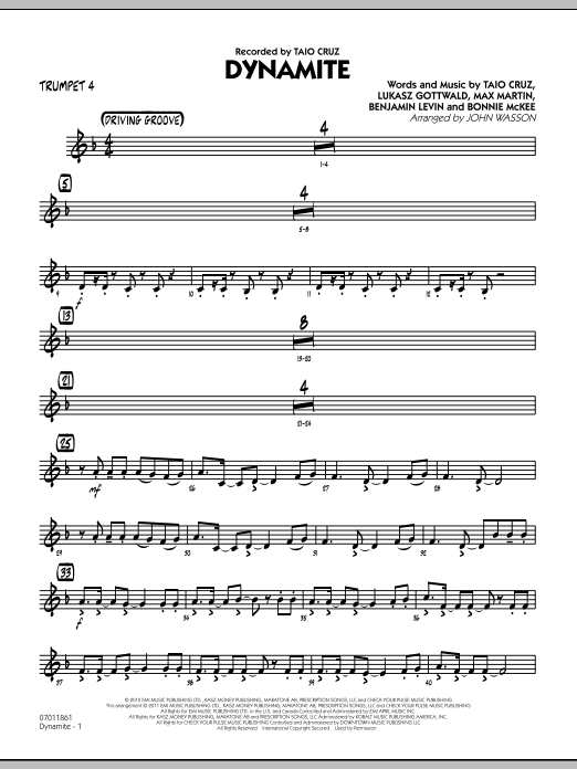 Learn to play John Wasson Dynamite - Trumpet 4 sheet music for Jazz Ensemble in minutes. John Wasson Dynamite - Trumpet 4 sheet music preview music notes and score for Jazz Ensemble including 2 page(s)