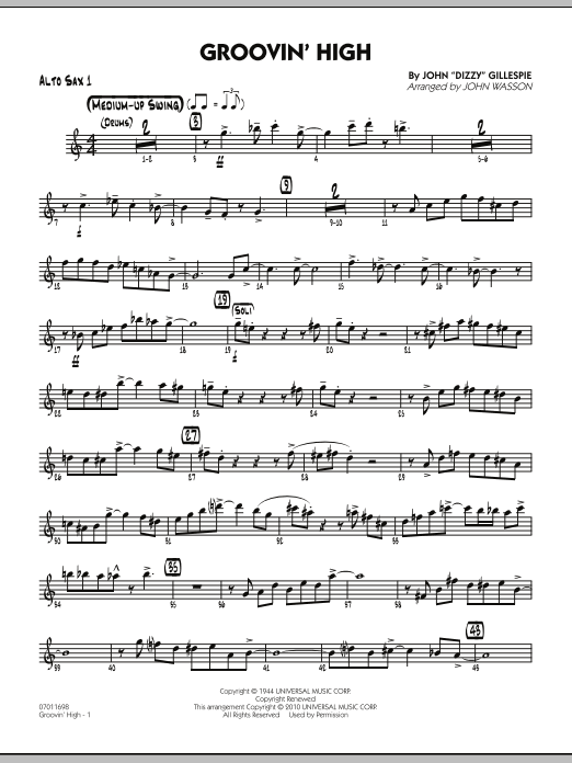 Learn to play John Wasson Groovin' High - Alto Sax 1 sheet music for Jazz Ensemble in minutes. John Wasson Groovin' High - Alto Sax 1 sheet music preview music notes and score for Jazz Ensemble including 4 page(s)