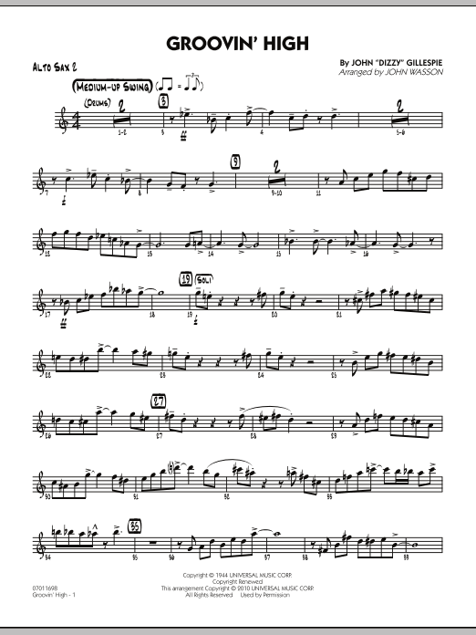 Learn to play John Wasson Groovin' High - Alto Sax 2 sheet music for Jazz Ensemble in minutes. John Wasson Groovin' High - Alto Sax 2 sheet music preview music notes and score for Jazz Ensemble including 4 page(s)