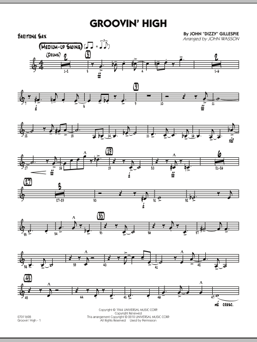 Learn to play John Wasson Groovin' High - Baritone Sax sheet music for Jazz Ensemble in minutes. John Wasson Groovin' High - Baritone Sax sheet music preview music notes and score for Jazz Ensemble including 4 page(s)