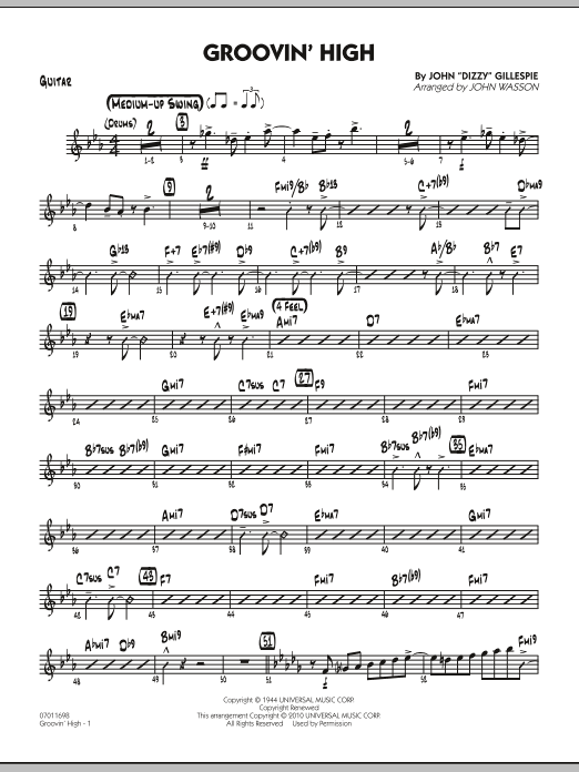 Learn to play John Wasson Groovin' High - Guitar sheet music for Jazz Ensemble in minutes. John Wasson Groovin' High - Guitar sheet music preview music notes and score for Jazz Ensemble including 4 page(s)