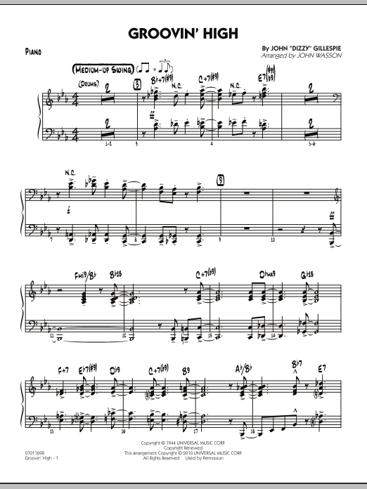 Learn to play John Wasson Groovin' High - Piano sheet music for Jazz Ensemble in minutes. John Wasson Groovin' High - Piano sheet music preview music notes and score for Jazz Ensemble including 8 page(s)