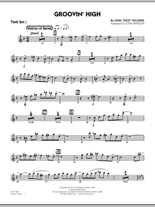 Learn to play John Wasson Groovin' High - Tenor Sax 1 sheet music for Jazz Ensemble in minutes. John Wasson Groovin' High - Tenor Sax 1 sheet music preview music notes and score for Jazz Ensemble including 4 page(s)