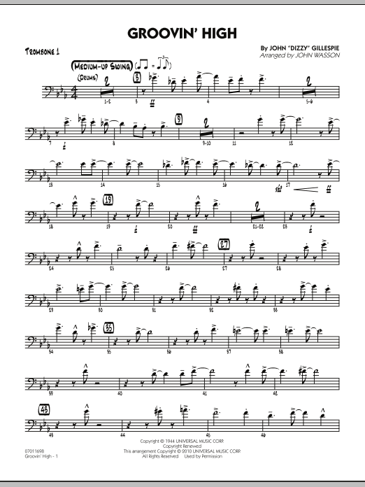 Learn to play John Wasson Groovin' High - Trombone 1 sheet music for Jazz Ensemble in minutes. John Wasson Groovin' High - Trombone 1 sheet music preview music notes and score for Jazz Ensemble including 4 page(s)