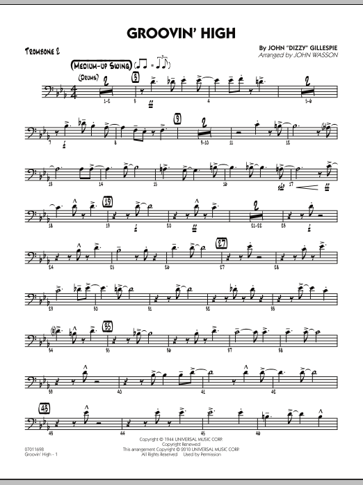 Learn to play John Wasson Groovin' High - Trombone 2 sheet music for Jazz Ensemble in minutes. John Wasson Groovin' High - Trombone 2 sheet music preview music notes and score for Jazz Ensemble including 4 page(s)