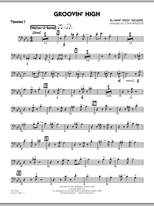 Learn to play John Wasson Groovin' High - Trombone 3 sheet music for Jazz Ensemble in minutes. John Wasson Groovin' High - Trombone 3 sheet music preview music notes and score for Jazz Ensemble including 4 page(s)