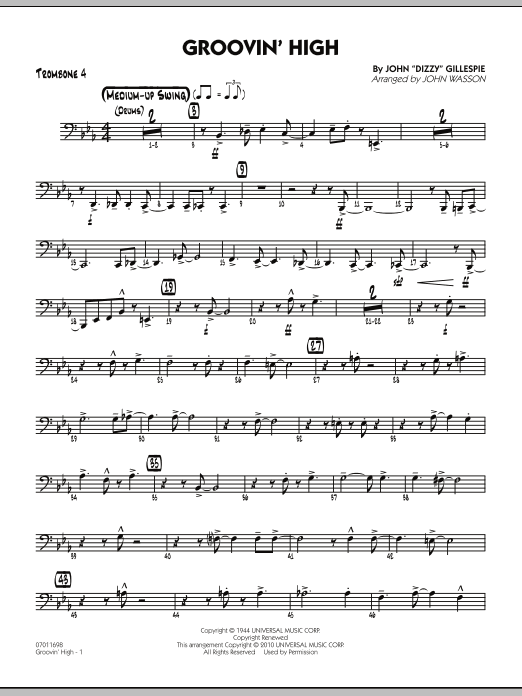 Learn to play John Wasson Groovin' High - Trombone 4 sheet music for Jazz Ensemble in minutes. John Wasson Groovin' High - Trombone 4 sheet music preview music notes and score for Jazz Ensemble including 4 page(s)