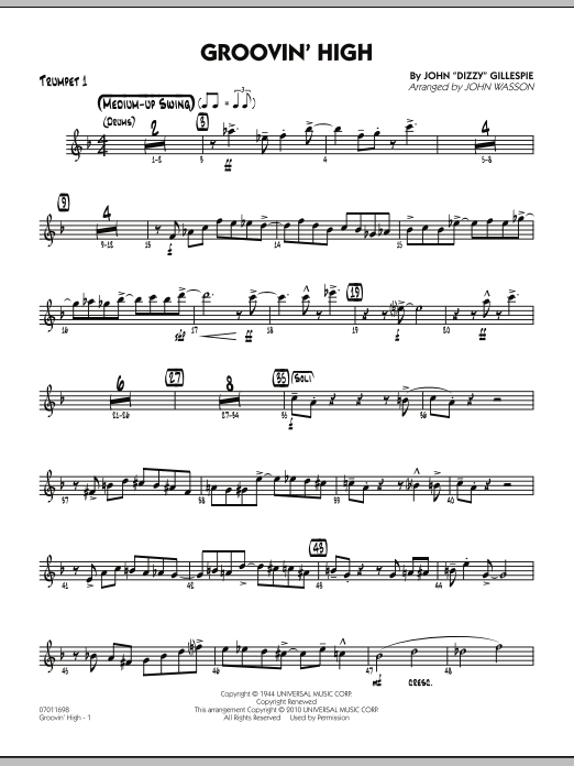 Learn to play John Wasson Groovin' High - Trumpet 1 sheet music for Jazz Ensemble in minutes. John Wasson Groovin' High - Trumpet 1 sheet music preview music notes and score for Jazz Ensemble including 4 page(s)
