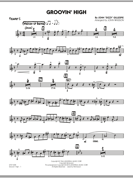 Learn to play John Wasson Groovin' High - Trumpet 2 sheet music for Jazz Ensemble in minutes. John Wasson Groovin' High - Trumpet 2 sheet music preview music notes and score for Jazz Ensemble including 4 page(s)