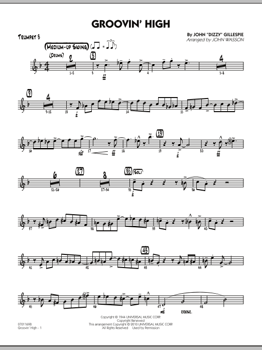 Learn to play John Wasson Groovin' High - Trumpet 3 sheet music for Jazz Ensemble in minutes. John Wasson Groovin' High - Trumpet 3 sheet music preview music notes and score for Jazz Ensemble including 4 page(s)