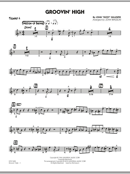Learn to play John Wasson Groovin' High - Trumpet 4 sheet music for Jazz Ensemble in minutes. John Wasson Groovin' High - Trumpet 4 sheet music preview music notes and score for Jazz Ensemble including 4 page(s)
