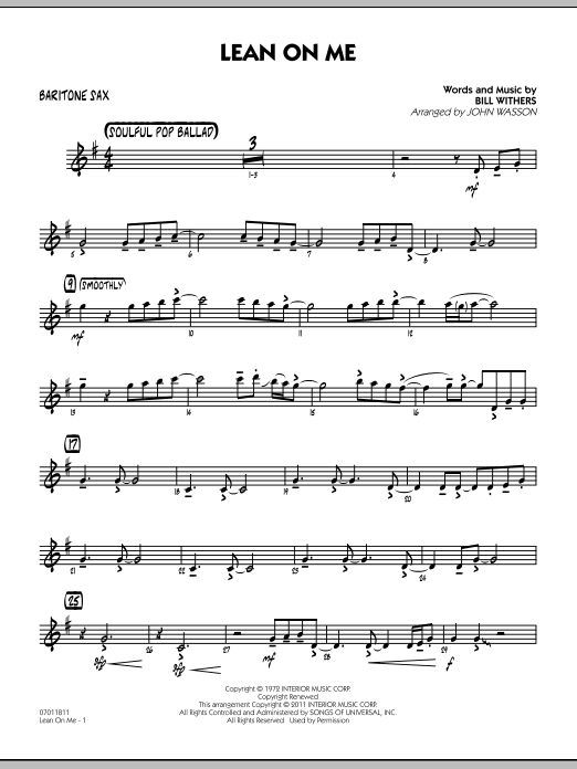 Learn to play John Wasson Lean On Me - Baritone Sax sheet music for Jazz Ensemble in minutes. John Wasson Lean On Me - Baritone Sax sheet music preview music notes and score for Jazz Ensemble including 2 page(s)