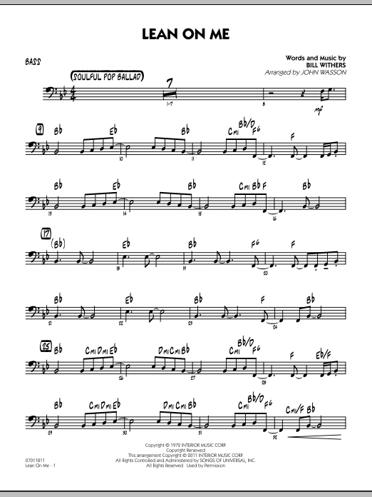 Learn to play John Wasson Lean On Me - Bass sheet music for Jazz Ensemble in minutes. John Wasson Lean On Me - Bass sheet music preview music notes and score for Jazz Ensemble including 2 page(s)