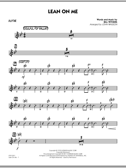 John Wasson Lean On Me - Guitar sheet music preview music notes and score for Jazz Ensemble including 2 page(s)