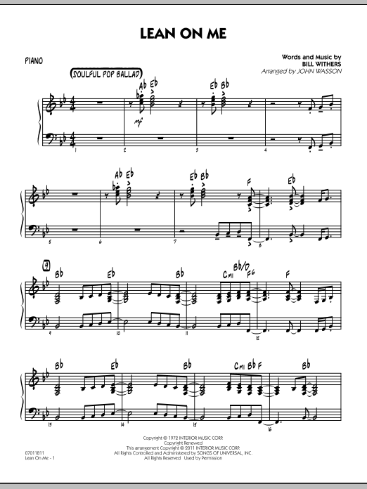 John Wasson Lean On Me - Piano sheet music preview music notes and score for Jazz Ensemble including 3 page(s)