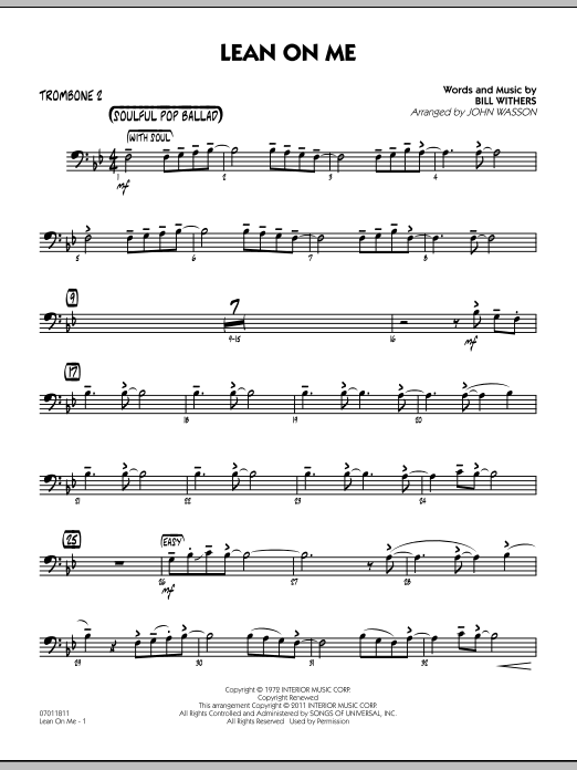 John Wasson Lean On Me - Trombone 2 sheet music preview music notes and score for Jazz Ensemble including 2 page(s)