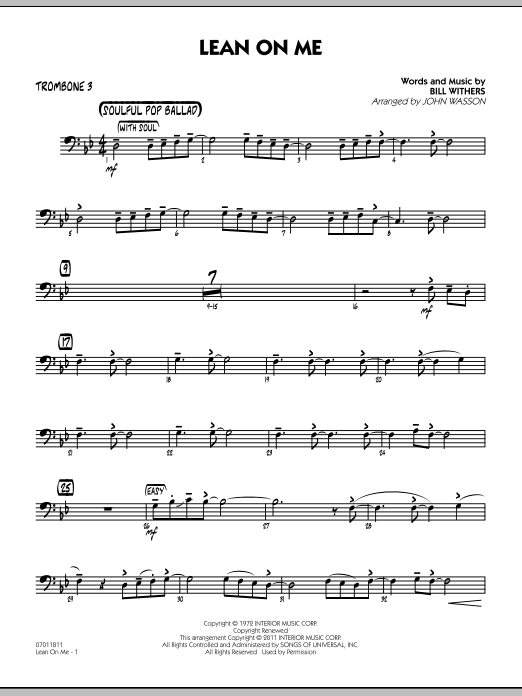 John Wasson Lean On Me - Trombone 3 sheet music preview music notes and score for Jazz Ensemble including 2 page(s)