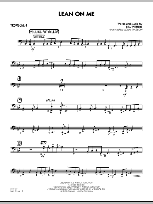 Learn to play John Wasson Lean On Me - Trombone 4 sheet music for Jazz Ensemble in minutes. John Wasson Lean On Me - Trombone 4 sheet music preview music notes and score for Jazz Ensemble including 2 page(s)