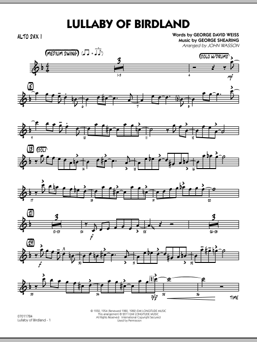 Learn to play John Wasson Lullaby Of Birdland - Alto Sax 1 sheet music for Jazz Ensemble in minutes. John Wasson Lullaby Of Birdland - Alto Sax 1 sheet music preview music notes and score for Jazz Ensemble including 3 page(s)