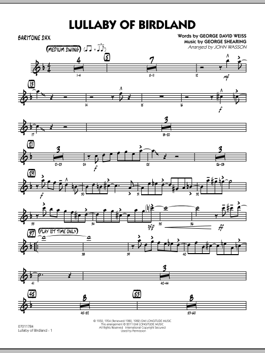 Learn to play John Wasson Lullaby Of Birdland - Baritone Sax sheet music for Jazz Ensemble in minutes. John Wasson Lullaby Of Birdland - Baritone Sax sheet music preview music notes and score for Jazz Ensemble including 3 page(s)