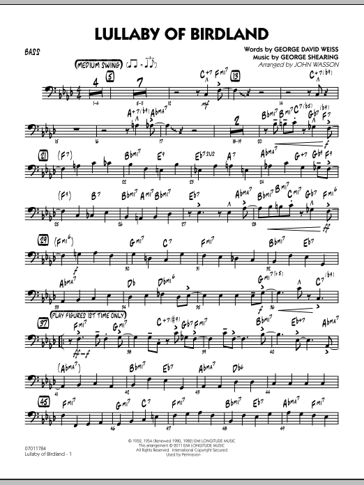 Learn to play John Wasson Lullaby Of Birdland - Bass sheet music for Jazz Ensemble in minutes. John Wasson Lullaby Of Birdland - Bass sheet music preview music notes and score for Jazz Ensemble including 3 page(s)