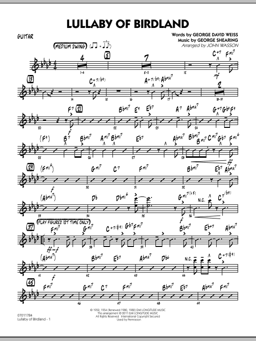 Learn to play John Wasson Lullaby Of Birdland - Guitar sheet music for Jazz Ensemble in minutes. John Wasson Lullaby Of Birdland - Guitar sheet music preview music notes and score for Jazz Ensemble including 3 page(s)