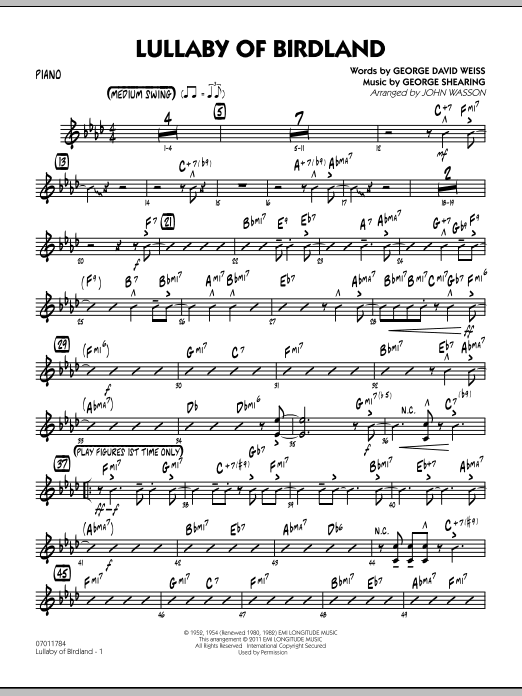 Learn to play John Wasson Lullaby Of Birdland - Piano sheet music for Jazz Ensemble in minutes. John Wasson Lullaby Of Birdland - Piano sheet music preview music notes and score for Jazz Ensemble including 3 page(s)
