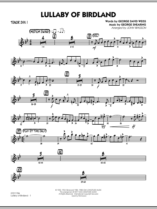Learn to play John Wasson Lullaby Of Birdland - Tenor Sax 1 sheet music for Jazz Ensemble in minutes. John Wasson Lullaby Of Birdland - Tenor Sax 1 sheet music preview music notes and score for Jazz Ensemble including 3 page(s)
