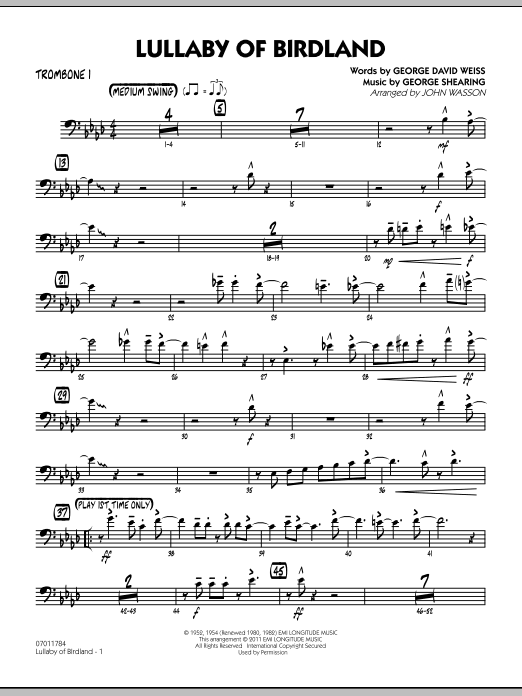 Learn to play John Wasson Lullaby Of Birdland - Trombone 1 sheet music for Jazz Ensemble in minutes. John Wasson Lullaby Of Birdland - Trombone 1 sheet music preview music notes and score for Jazz Ensemble including 3 page(s)