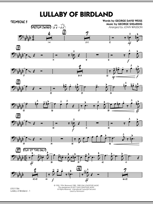Learn to play John Wasson Lullaby Of Birdland - Trombone 3 sheet music for Jazz Ensemble in minutes. John Wasson Lullaby Of Birdland - Trombone 3 sheet music preview music notes and score for Jazz Ensemble including 3 page(s)