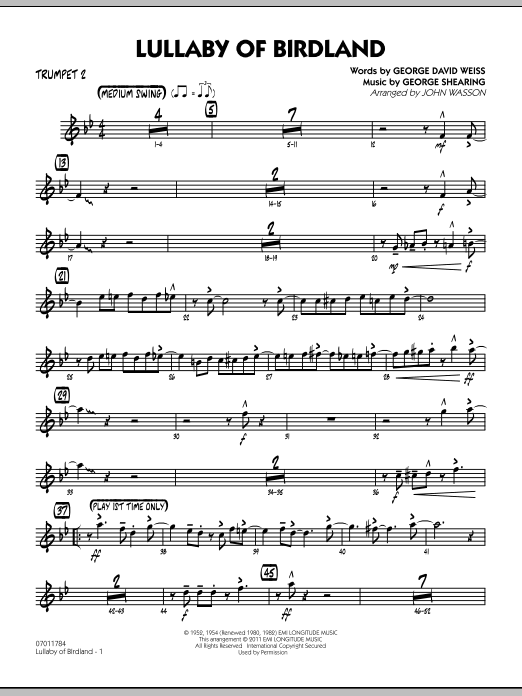 Learn to play John Wasson Lullaby Of Birdland - Trumpet 2 sheet music for Jazz Ensemble in minutes. John Wasson Lullaby Of Birdland - Trumpet 2 sheet music preview music notes and score for Jazz Ensemble including 3 page(s)