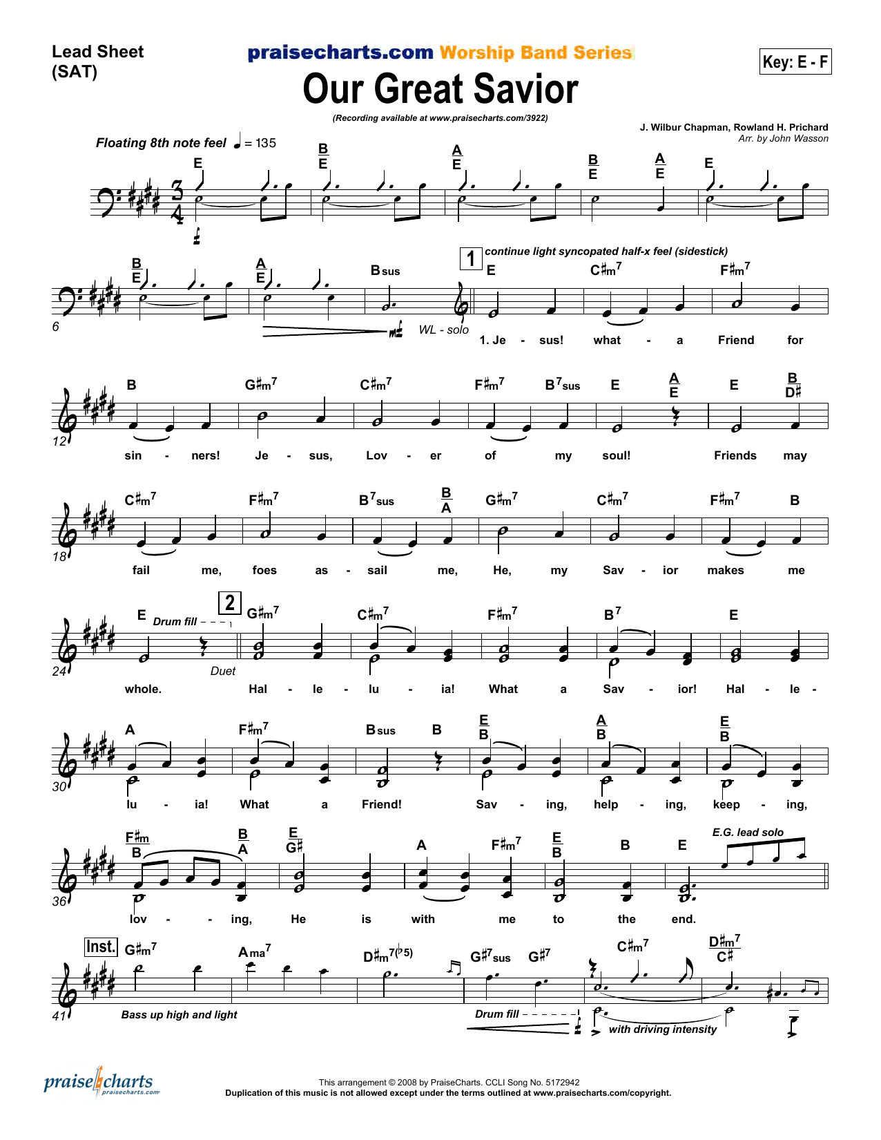 Learn to play John Wasson Our Great Savior sheet music for Lead Sheet / Fake Book in minutes. John Wasson Our Great Savior sheet music preview music notes and score for Lead Sheet / Fake Book including 6 page(s)