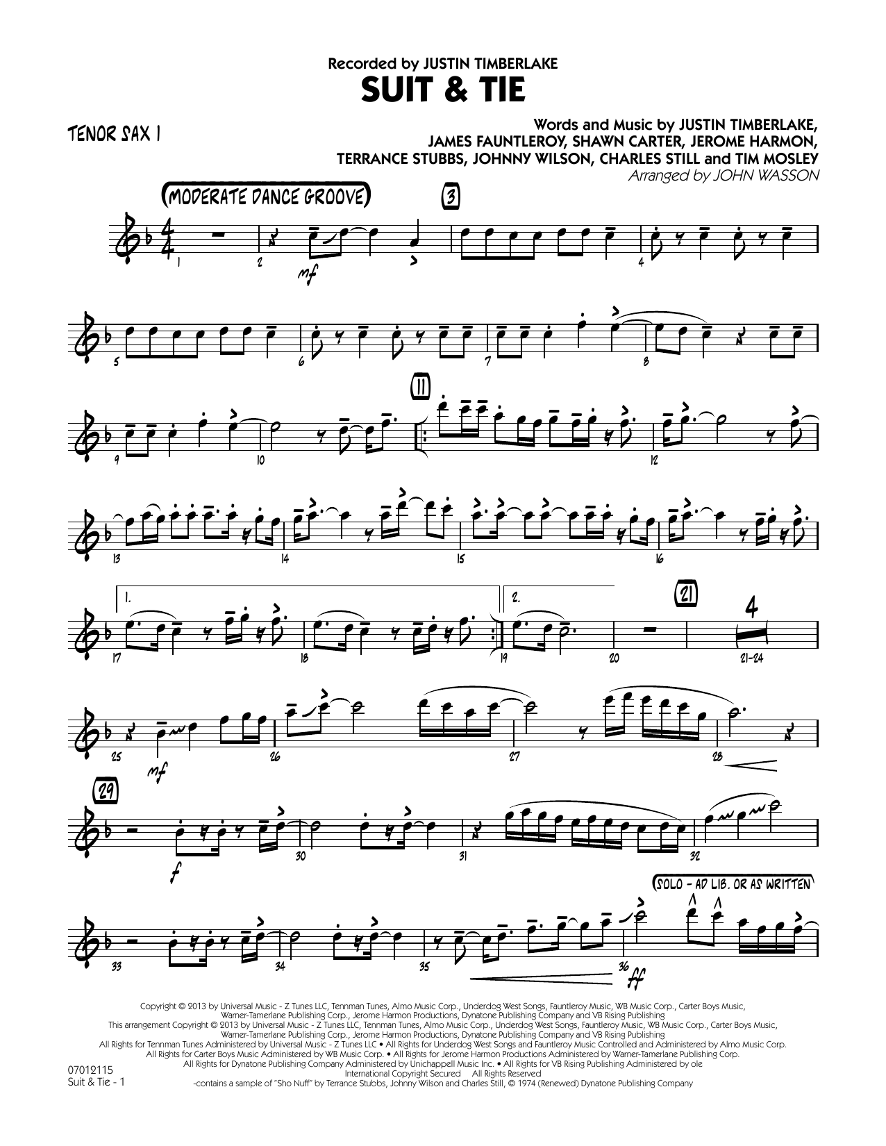 Learn to play John Wasson Suit & Tie - Tenor Sax 1 sheet music for Jazz Ensemble in minutes. John Wasson Suit & Tie - Tenor Sax 1 sheet music notes and chords