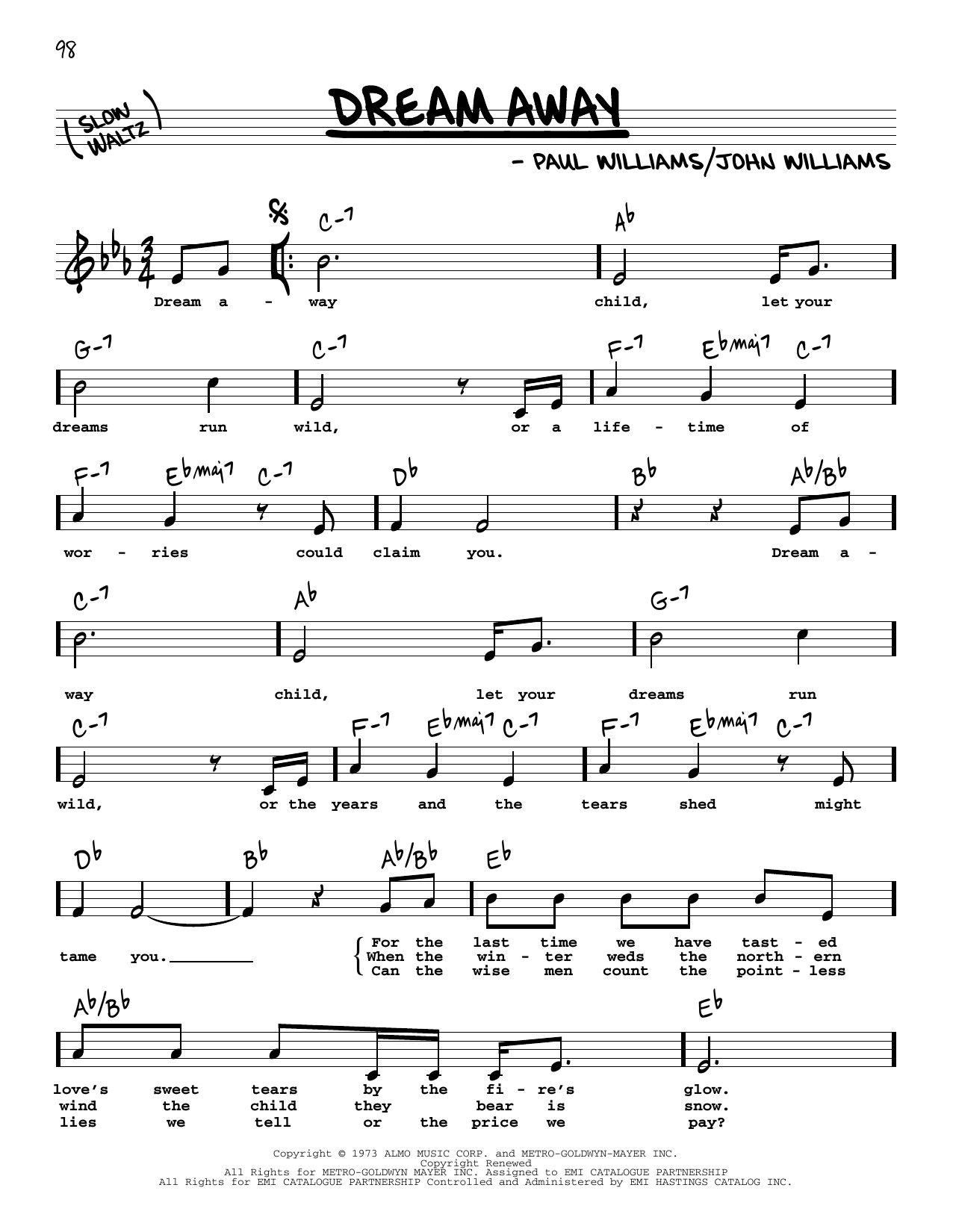 Learn to play John Williams Dream Away (High Voice) sheet music for Real Book – Melody, Lyrics & Chords in minutes. John Williams Dream Away (High Voice) sheet music preview music notes and score for Real Book – Melody, Lyrics & Chords including 2 page(s)
