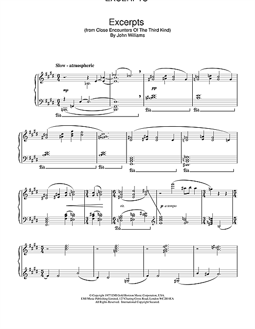 Learn to play John Williams Excerpts (from Close Encounters Of The Third Kind) sheet music for Piano in minutes. John Williams Excerpts (from Close Encounters Of The Third Kind) sheet music notes and chords