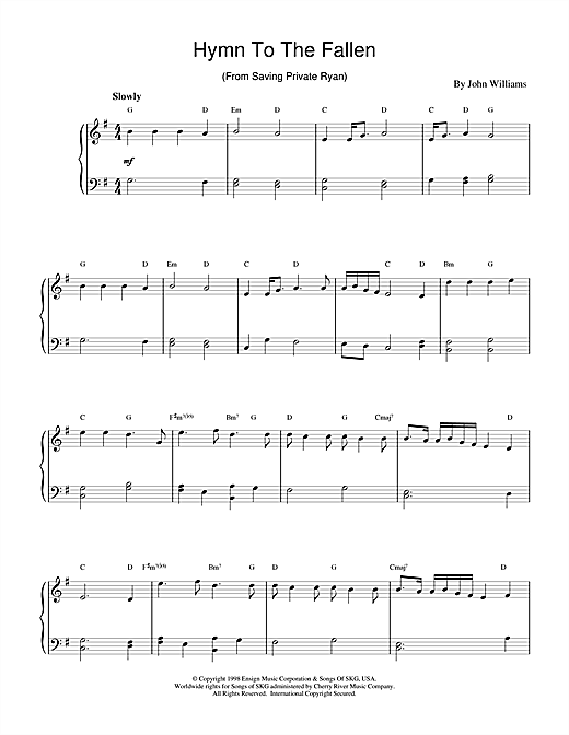 Learn to play John Williams Hymn To The Fallen (from Saving Private Ryan) sheet music for Piano in minutes. John Williams Hymn To The Fallen (from Saving Private Ryan) sheet music notes and chords