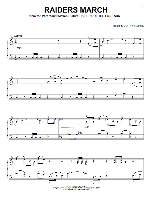 Learn to play John Williams Raiders March (from Raiders Of The Lost Ark) sheet music for Easy Piano in minutes. John Williams Raiders March (from Raiders Of The Lost Ark) sheet music notes and chords