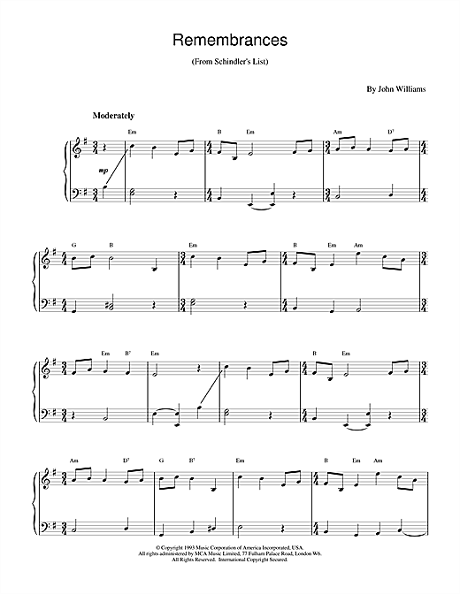 Learn to play John Williams Remembrances (from Schindler's List) sheet music for Piano in minutes. John Williams Remembrances (from Schindler's List) sheet music notes and chords