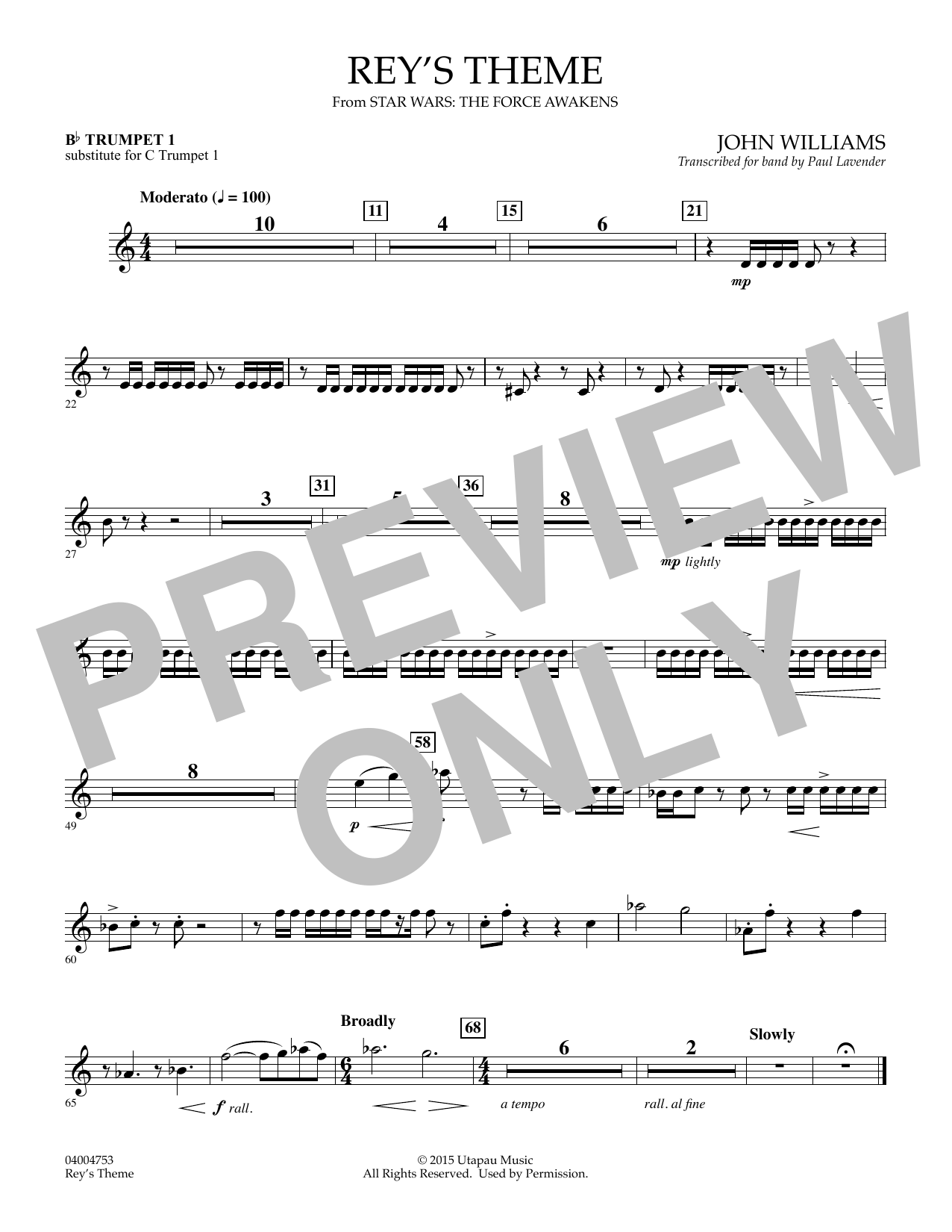 Learn to play John Williams Rey's Theme (from Star Wars: The Force Awakens) - Bb Trumpet 1 (sub. C Tpt. 1) sheet music for Concert Band in minutes. John Williams Rey's Theme (from Star Wars: The Force Awakens) - Bb Trumpet 1 (sub. C Tpt. 1) sheet music preview music notes and score for Concert Band including 1 page(s)