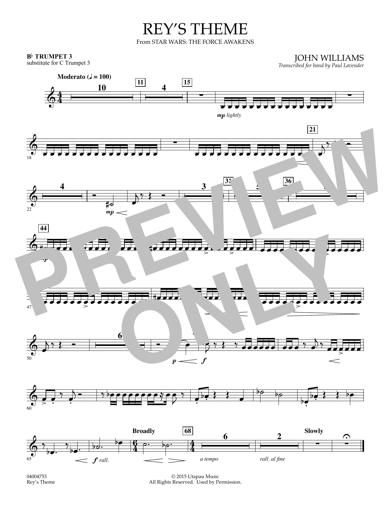 John Williams Rey S Theme From Star Wars The Force Awakens Bb Trumpet 3 Sub C Tpt 3 Sheet Music Download Pdf Score 407938