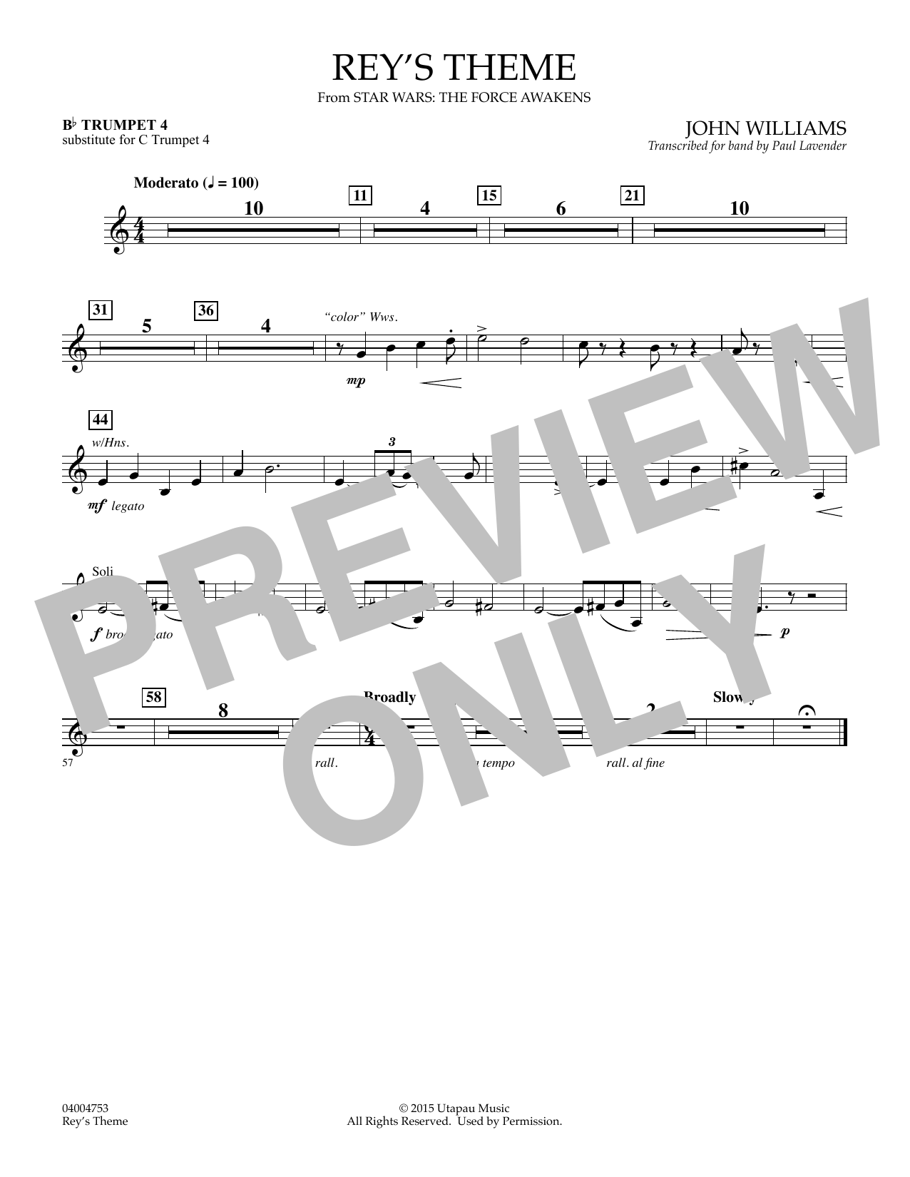 Learn to play John Williams Rey's Theme (from Star Wars: The Force Awakens) - Bb Trumpet 4 (sub. C Tpt. 4) sheet music for Concert Band in minutes. John Williams Rey's Theme (from Star Wars: The Force Awakens) - Bb Trumpet 4 (sub. C Tpt. 4) sheet music preview music notes and score for Concert Band including 1 page(s)